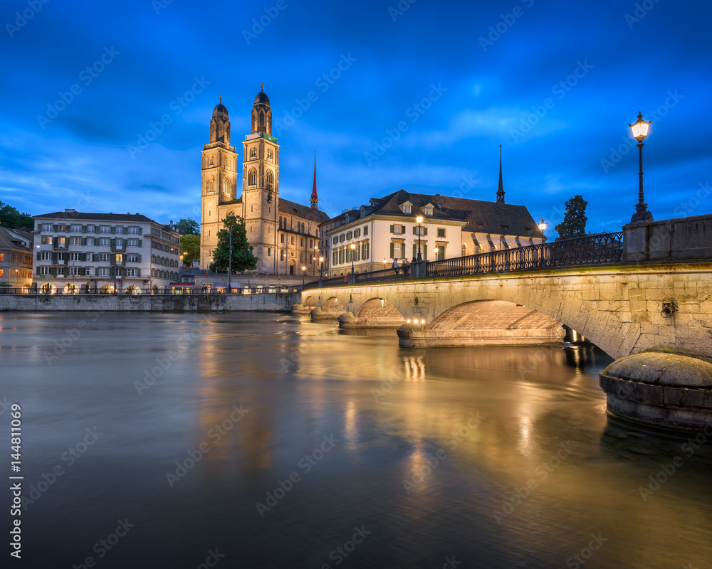 Grossmunster Church and Limmat River in the Evening, Zurich, Switzerland