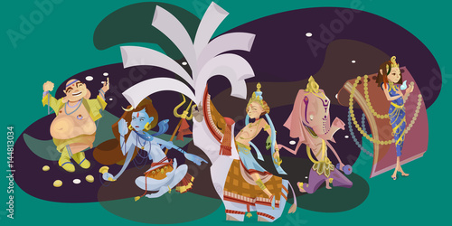 Set of isolated hindu gods meditation in yoga poses lotus and Goddess hinduism religion, traditional asian culture spiritual mythology, deity worship festival vector illustrations, T-shirt concepts