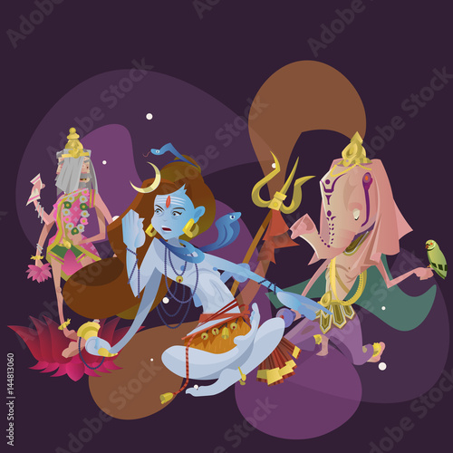 Set of isolated hindu gods meditation in yoga poses lotus and Goddess hinduism religion, traditional asian culture spiritual mythology, deity worship festival vector illustrations, T-shirt concepts