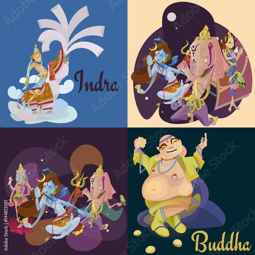 Set of isolated hindu gods meditation in yoga poses lotus and Goddess hinduism religion, traditional asian culture spiritual mythology, deity worship festival vector illustrations, T-shirt concepts