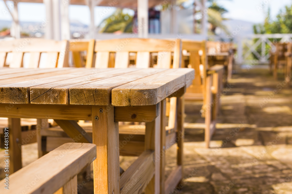 Street cafe. Wooden outdoor restaurant