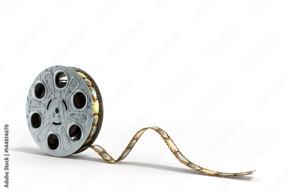 Naklejka premium film reel with a film strip 3d render on the white background