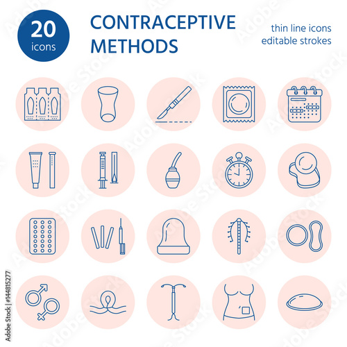 Contraceptive methods line icons. Birth control equipment, condoms, oral contraceptives, iud, barrier contraception, vaginal ring, sterilization. Safe sex thin linear signs for medical clinic.