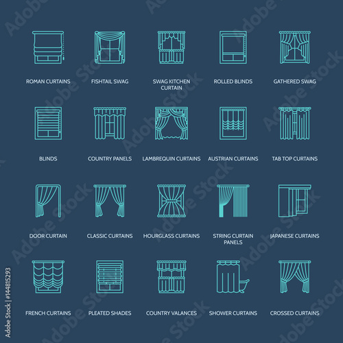 Window curtains, shades line icons. Various room darkening decoration, lambrequin, swag, french curtain, blinds and rolled panels. Interior design thin linear signs for house decor shop.