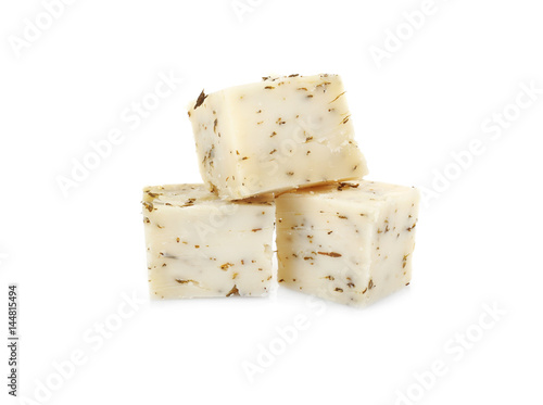 Tasty spice cheese isolated on white