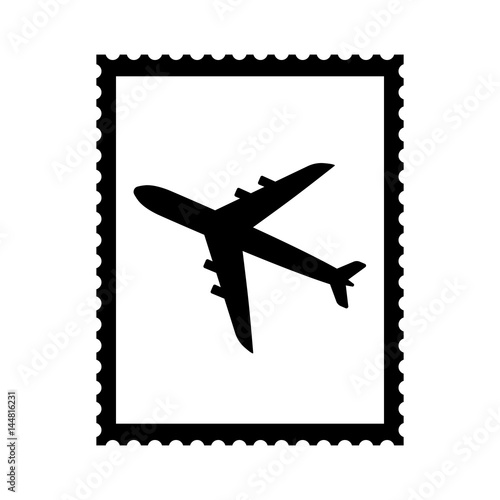Postal stamp icon with air plane picture. Airmail postal stamp with perforation holes. Vector Illustration