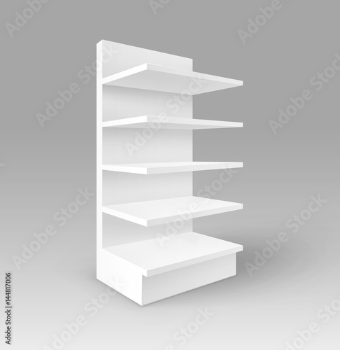 Vector White Blank Empty Exhibition Trade Stand Shop Rack with Shelves Storefront Isolated on Background