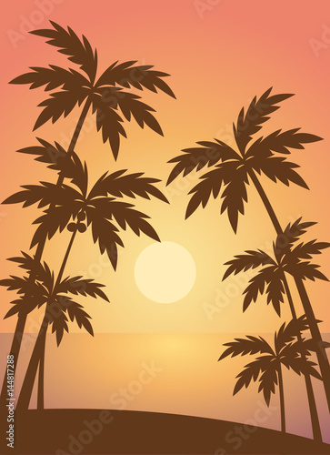 Beach summer with trees lanscape sea scenery sunset scenery vector © panitialapon