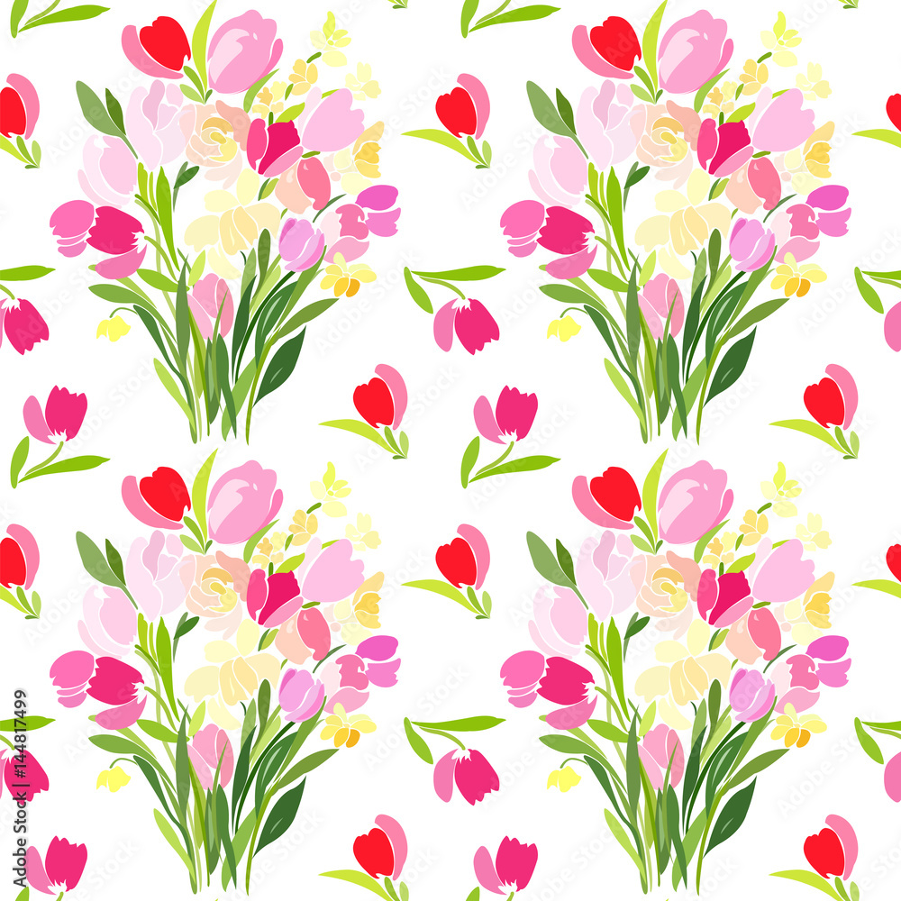 Seamless pattern with flowers tulips on a white background, bright colorful shades. Seamless pattern with flowers tulips on a white background, bright colorful shades.