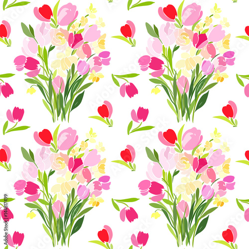 Seamless pattern with flowers tulips on a white background, bright colorful shades.