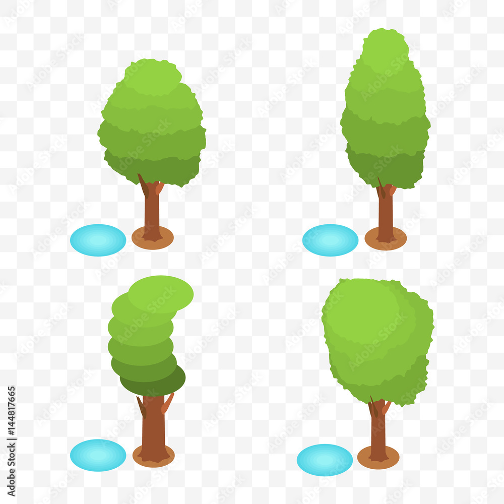 Cartoon isometric trees set, vector illustration. Green cute trees in