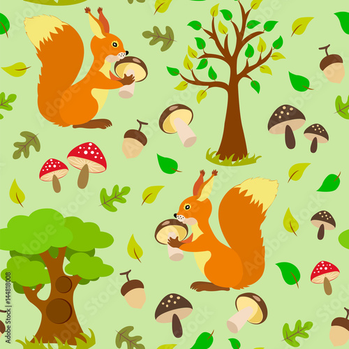 Seamless pattern with wild inhabitants of squirrels  mushrooms  trees and foliage on a green background.