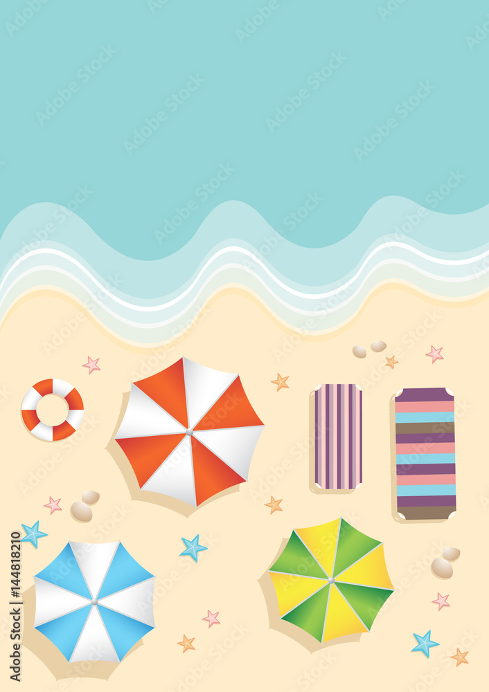 Aerial view of summer beach in flat design style. starfish and summertime, relaxation summer tourism, vector Aerial view of summer beach in flat design style. starfish and summertime, relaxation summer tourism, vector