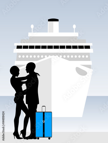 Passengers couple in sea port. Ship cruise travel. 