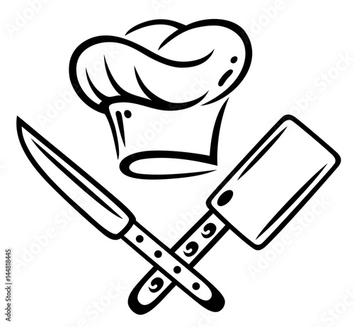 Koch, kochen, Kochmütze mit Messer und Hackebeil.