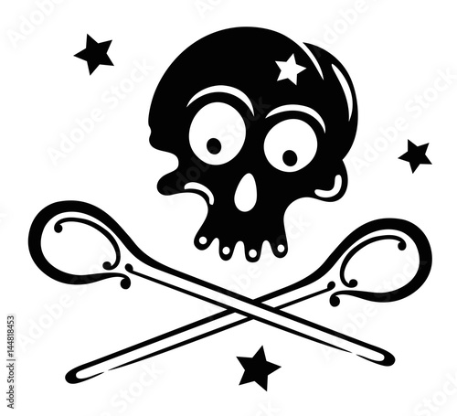 Totenkopf mit Kochlöffeln und Sternen. Piratenschädel mit gekreuzten Löffeln Cartoon Totenkopf Symbol für Koch.