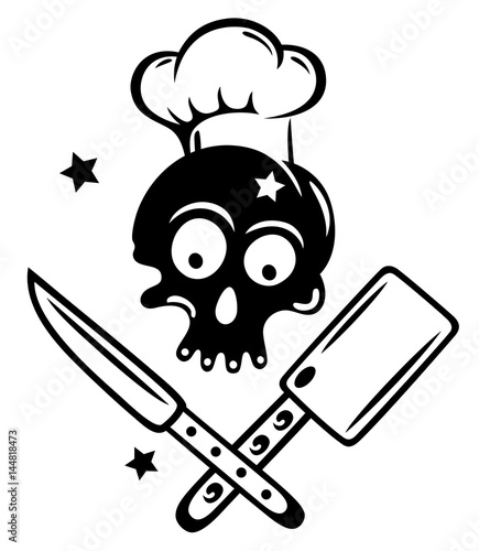 Totenkopf mit Kochmütze, Messer und Hackebeil. Fun.