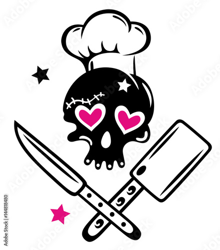 Girlie Totenkopf mit Kochmütze, Messer und Hackebeil. Fun.