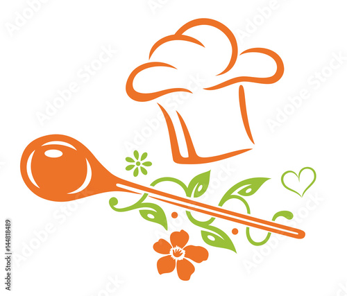 Gesund kochen, vegane und vegetarische Küche. Kochmütze, Kochlöffel und Natur.