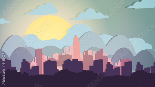 Paper-cut Style City with Mountains  - Vector Illustration