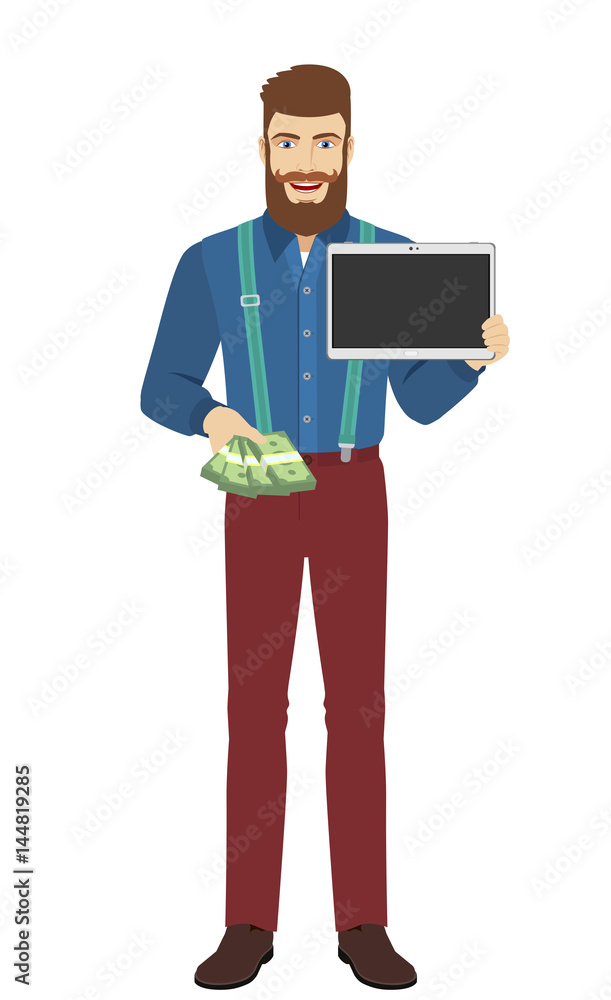 Hipster with cash money showing blank digital tablet PC Hipster with cash money showing blank digital tablet PC