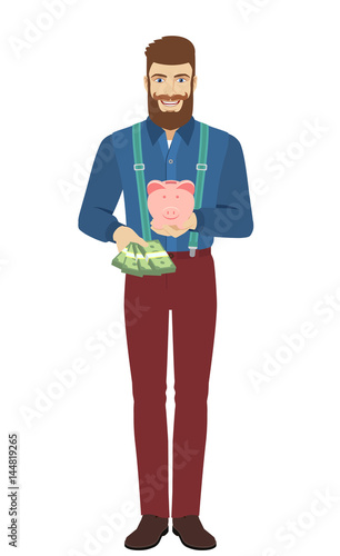 Hipster with cash money holding a piggy bank