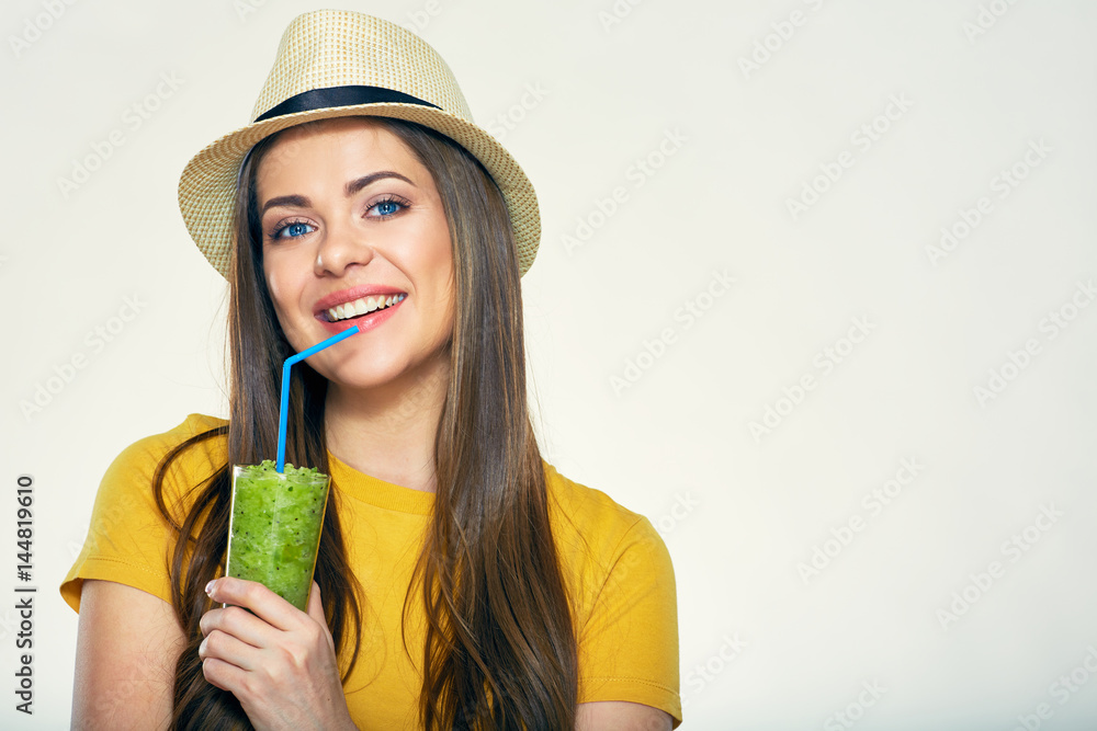 Smiling woman holding green juise glass for detox diet. Smiling woman holding green juise glass for detox diet.