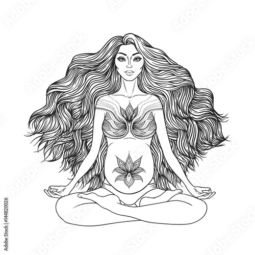 Hand drawn vector illustration of pregnant woman sitting in lotus pose yoga