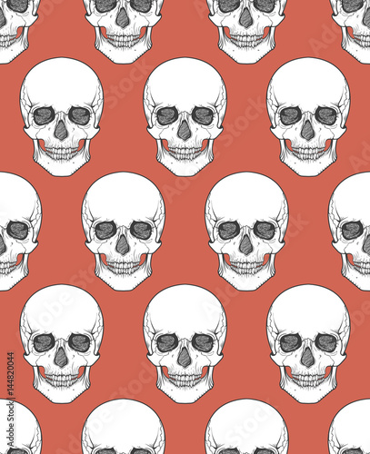 Fototapeta Naklejka Na Ścianę i Meble -  Human skull tribal style seamless pattern. Vector hand drawn illustration. Boho 