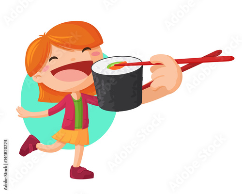 Young girl holding sushi roll with chopsticks and want to eat it. Asian food ector illustration