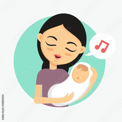 Mother holding her child and sings lullaby. How to take care of the child illustration.