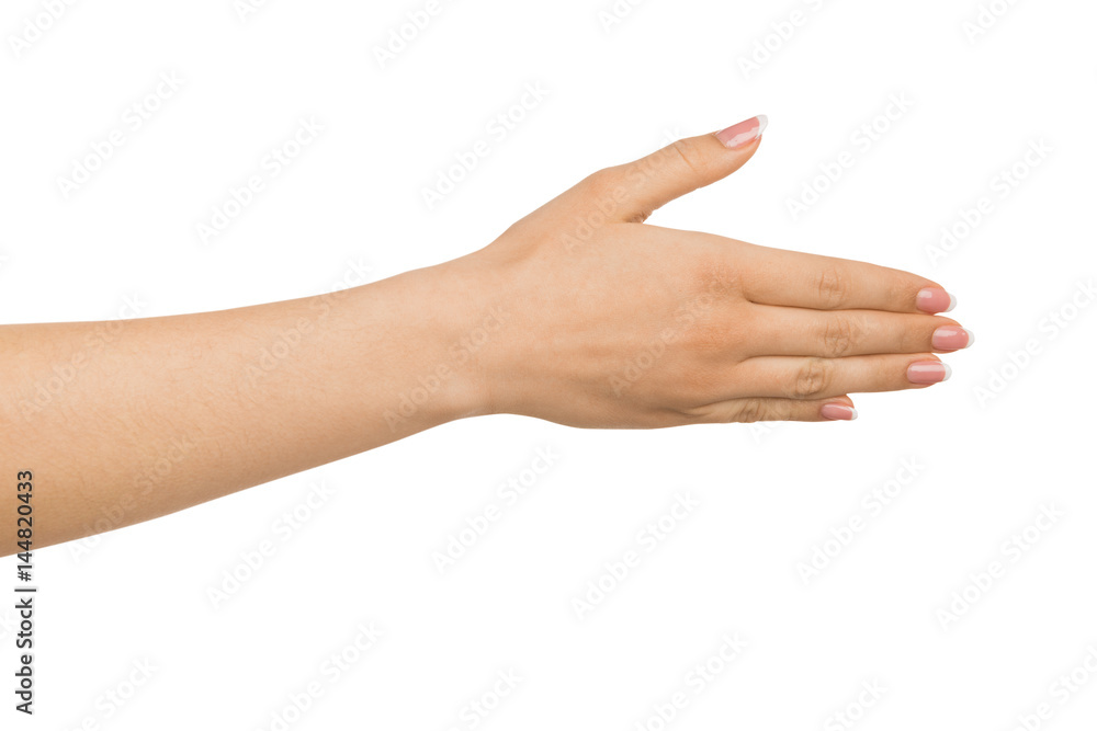 Nice to meet you, woman hand with greeting gesture