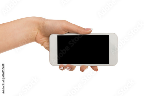 Female hand hold blank mobile phone screen