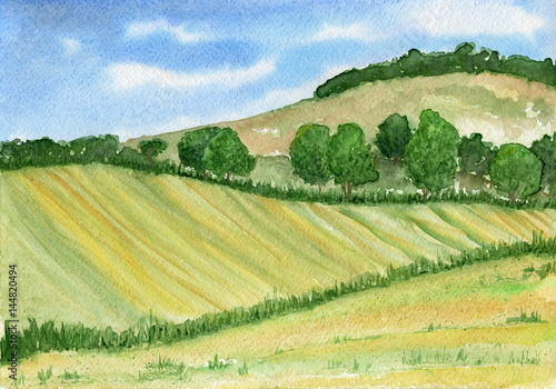 Watercolor landscape with hills, forest and field in green tones.