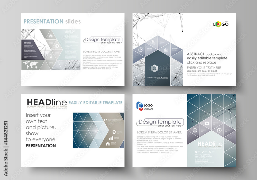 Set of business templates for presentation slides. Easy editable abstract vector layouts in flat design. DNA and neurons molecule structure. Medicine, science, technology concept. Scalable graphic.