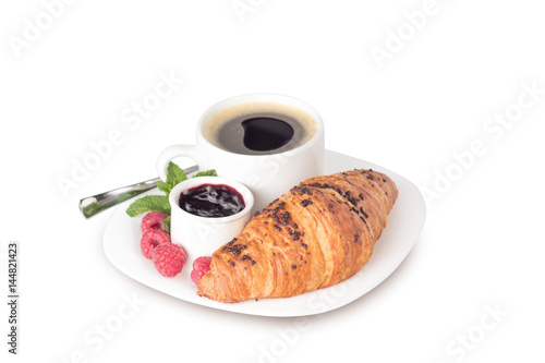 a cup of coffee and croissant isolated on white