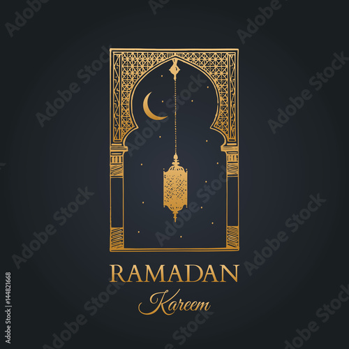 Ramadan Kareem greeting card with calligraphy. Vector hand sketched oriental arch, lantern, new moon and stars.