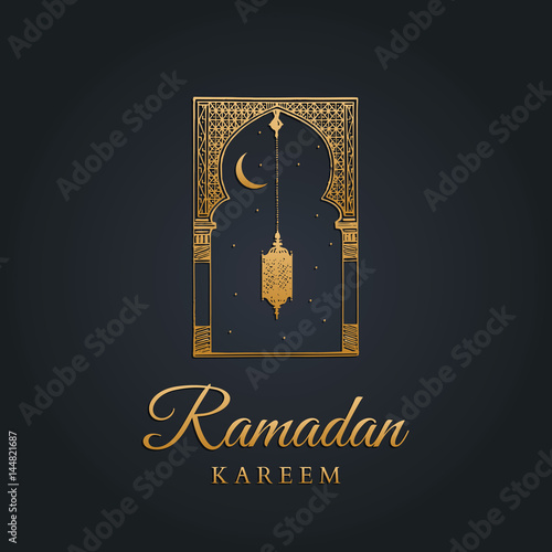 Ramadan Kareem greeting card with calligraphy. Vector hand sketched oriental arch, lantern, new moon and stars.