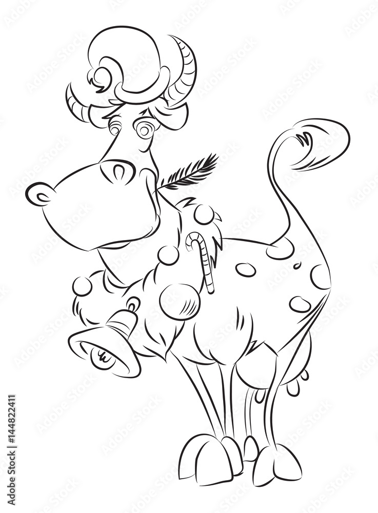 Cartoon image of cow wearing christmas hat. An artistic freehand picture. Cartoon image of cow wearing christmas hat. An artistic freehand picture.