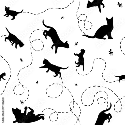 Seamless vector pattern - kittens and flies