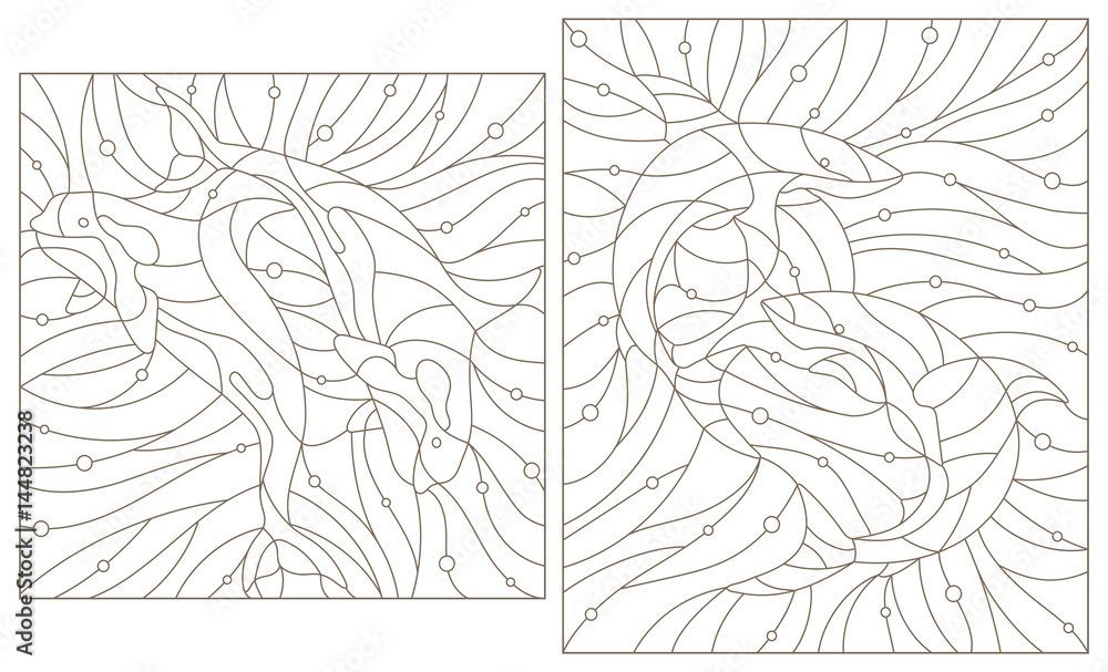 Fototapeta premium Set contour illustrations of stained glass whales killer whales and sharks on the background of water and air bubble