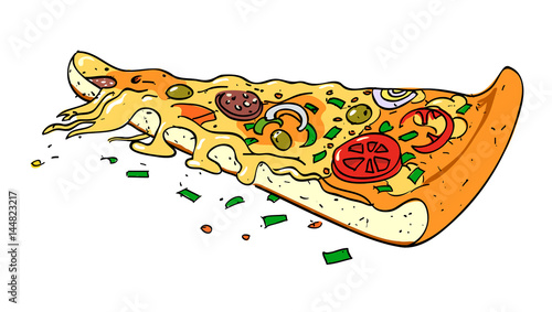 Cartoon image of pizza slice. An artistic freehand picture.