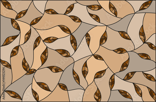 Fototapeta Illustration in the style of stained glass with brown leaves  on a beige  background ,monochrome