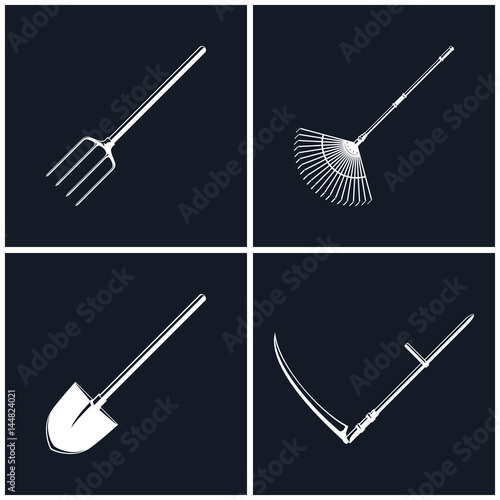 Set of Farming Tools on Black Background , Garden and Landscaping Tools ,Icon Shovel and Scythe , Icon Garden Fork and Leaf Rake , Agricultural Equipment , Black and White Vector Illustration