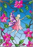 Illustration in stained glass style with a winged fairy in the sky, pink flowers and greenery