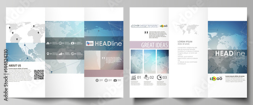 Minimalistic abstract vector illustration of editable layout of two creative tri-fold brochure covers design business templates. Polygonal geometric linear texture. Global network, dig data concept