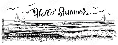 Hello summer, lettering with panoramic view of ocean or sea waves and yachts. Vector illustration.