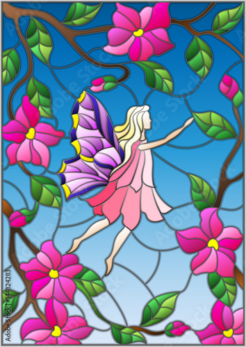 Illustration in stained glass style with a winged fairy in the sky  pink flowers and greenery