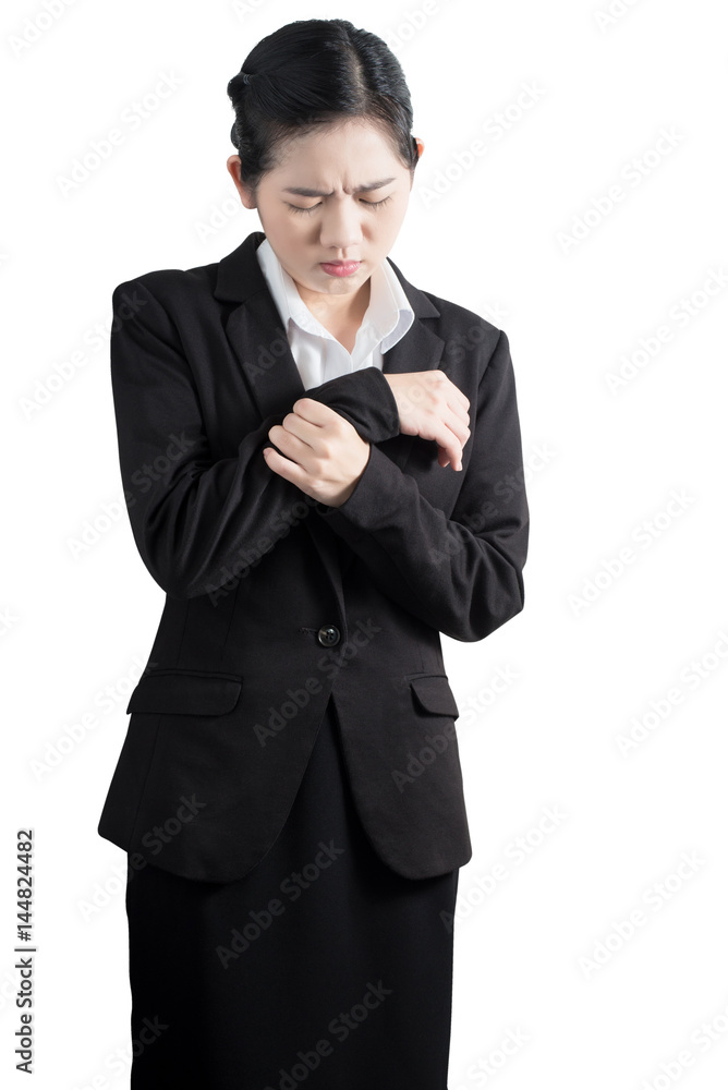Acute pain in a woman wrist isolated on white background. Clipping path on white background. Acute pain in a woman wrist isolated on white background. Clipping path on white background.
