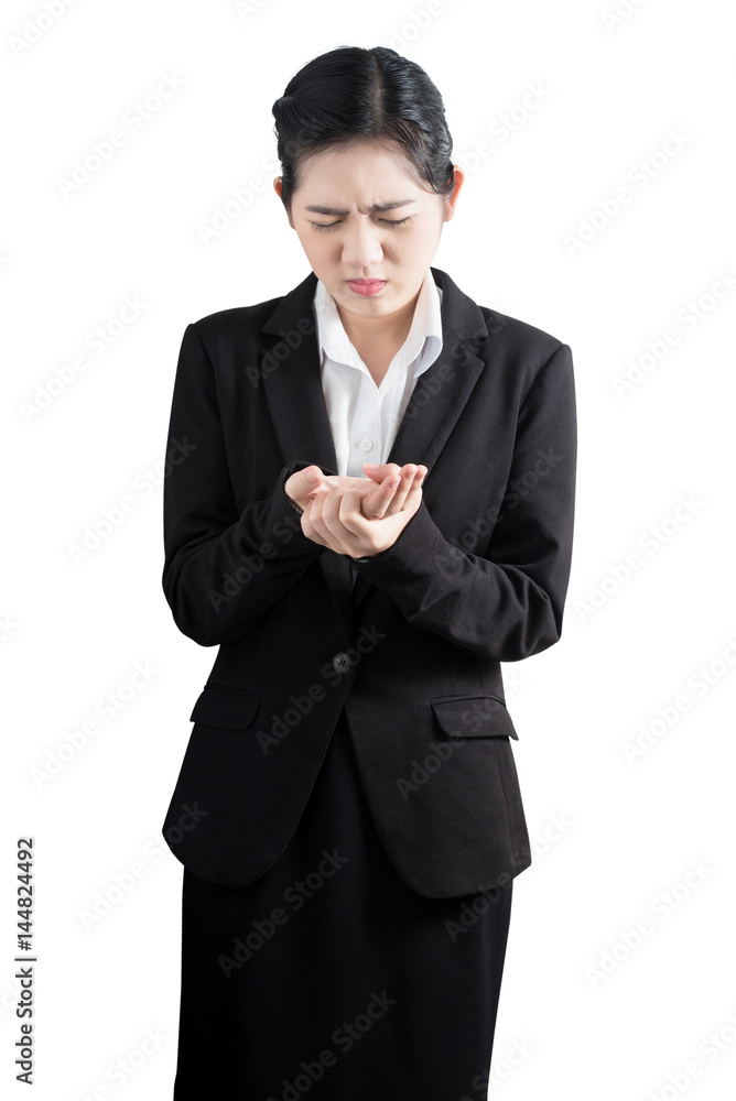 Acute pain in a woman hand isolated on white background. Clipping path on white background. Acute pain in a woman hand isolated on white background. Clipping path on white background.